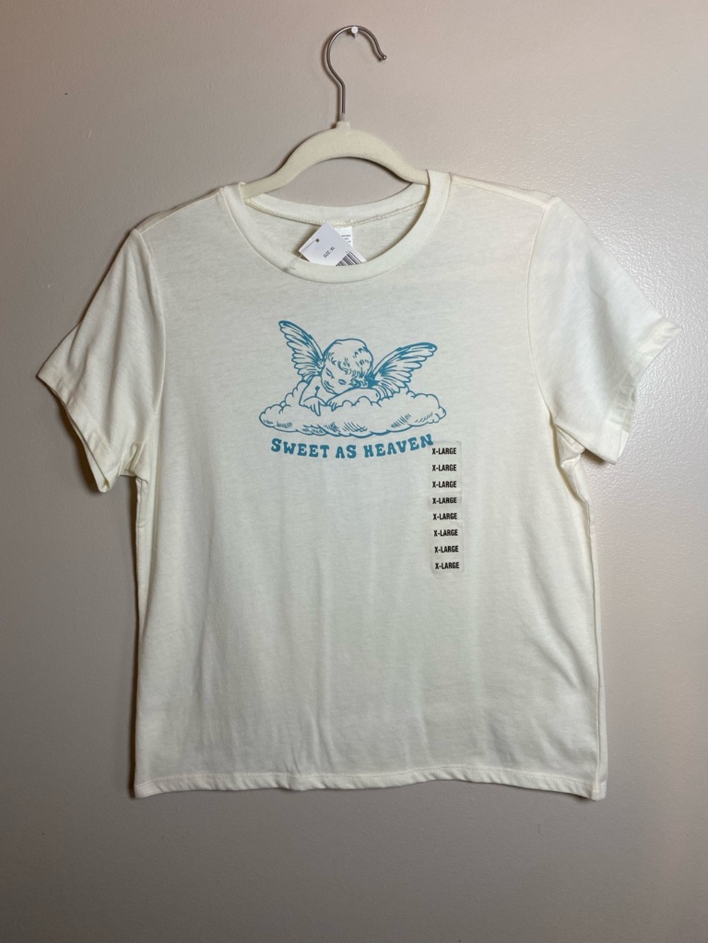 ‘Sweet As Heaven’ Cream Blue Cherub Graphic Baby Tee NEW Cropped XL